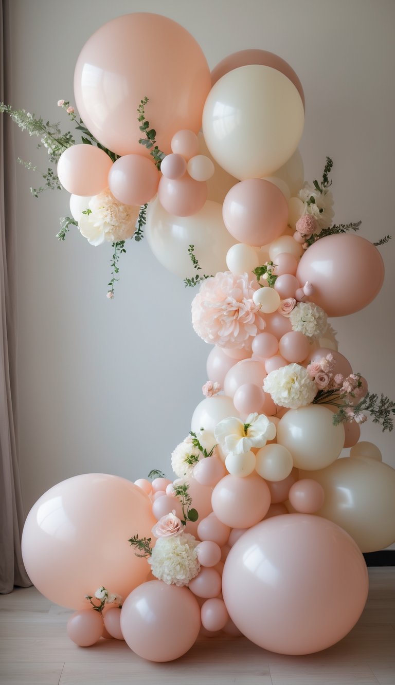 A balloon garland made of blush pink and ivory balloons decorated with fresh flowers against a neutral background.